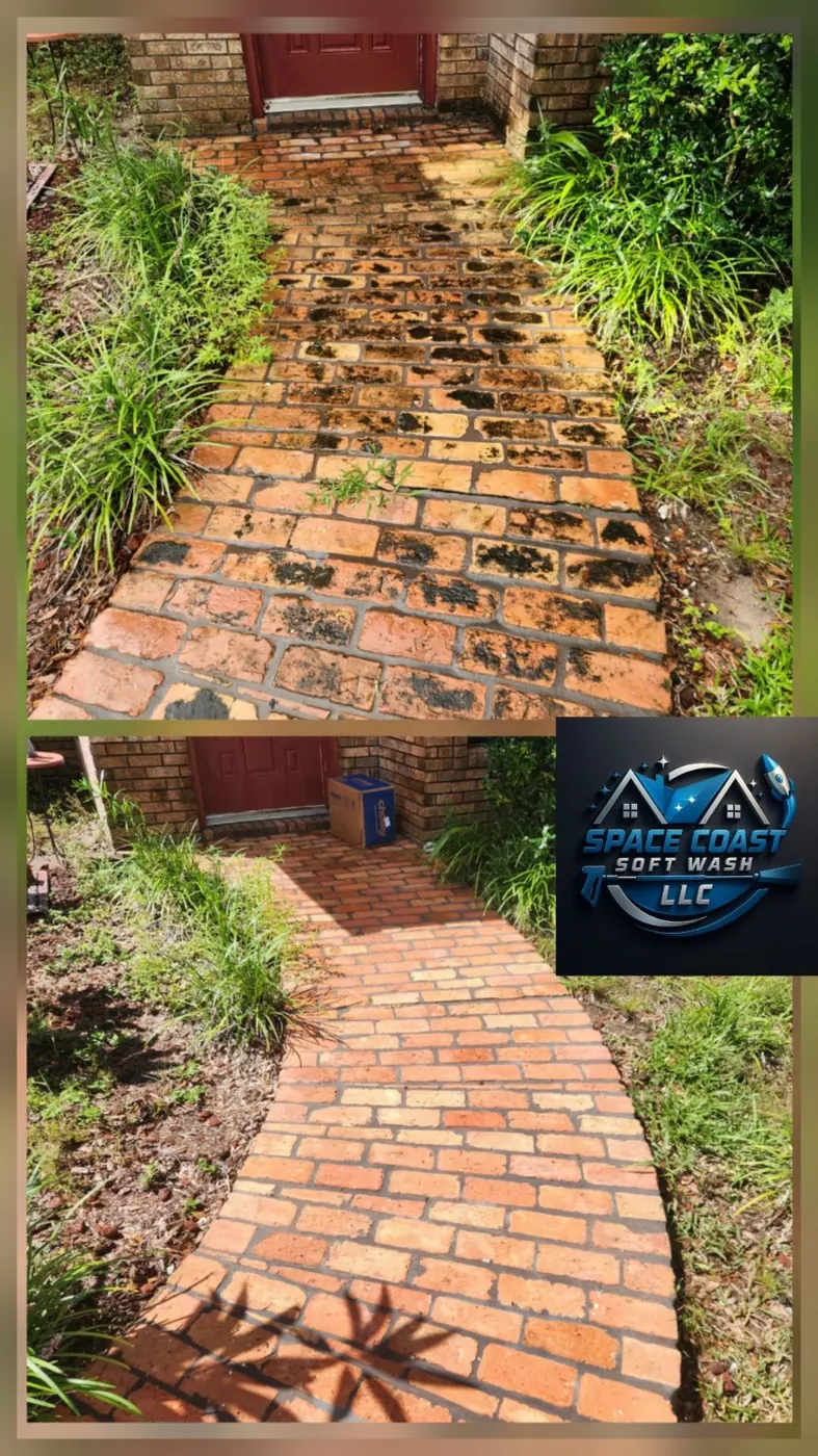 Before and after brick walkway cleaning with surface buildup removed.