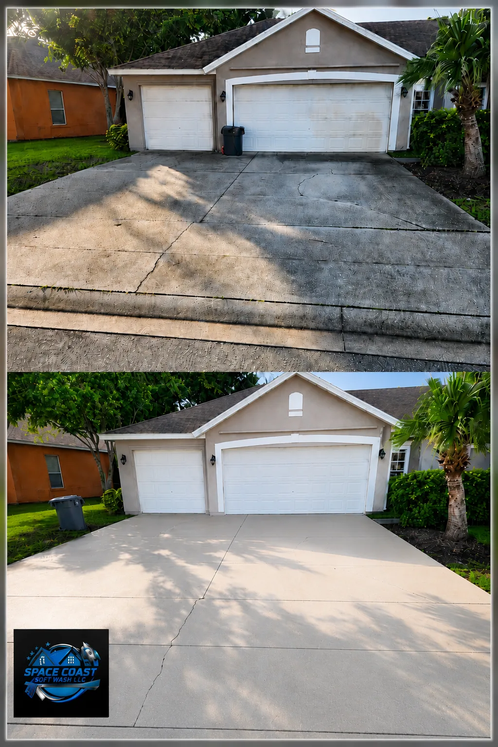 Before and after house washing and driveway cleaning result