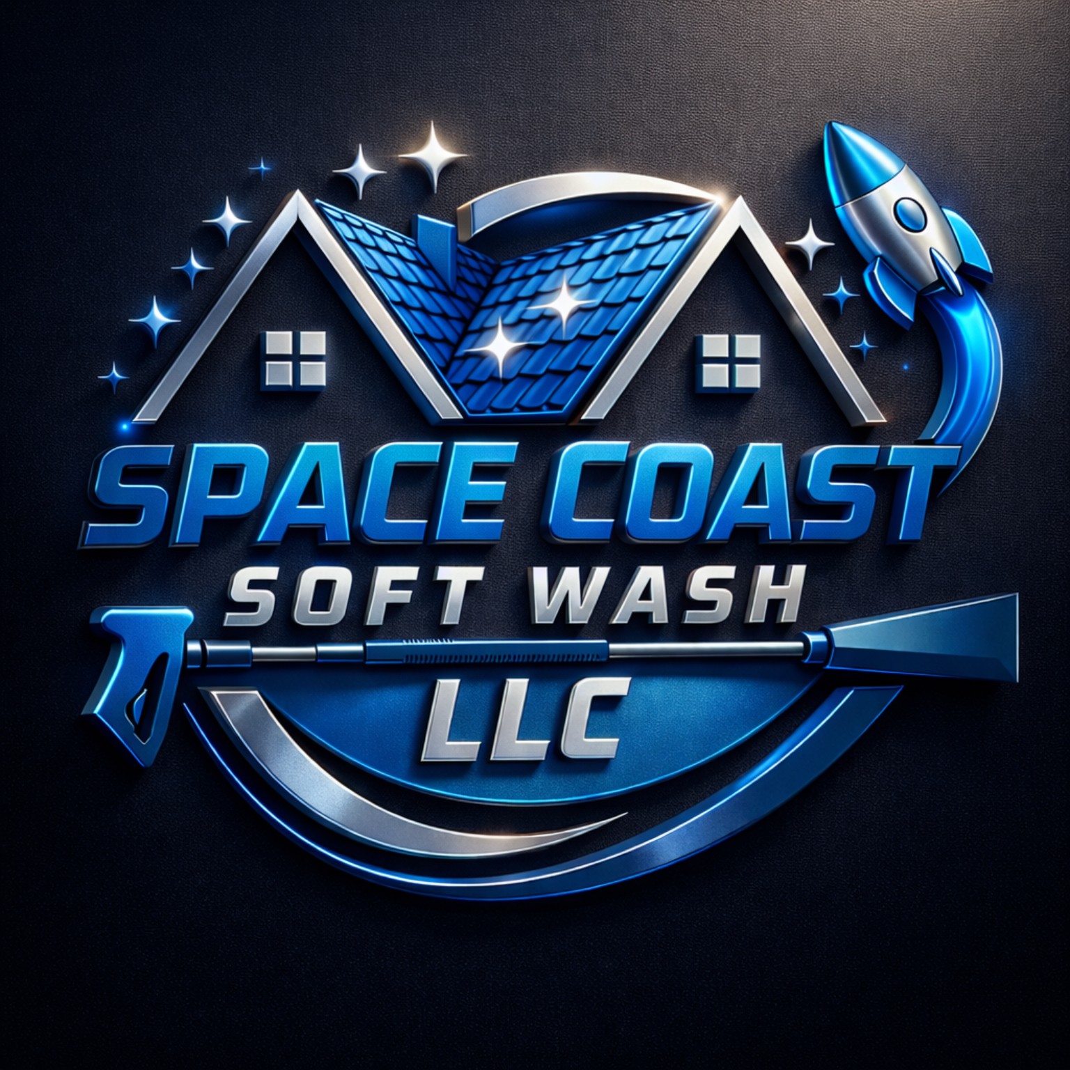Space Coast Softwash LLC logo with roofline, pressure washing wand, and rocket graphic