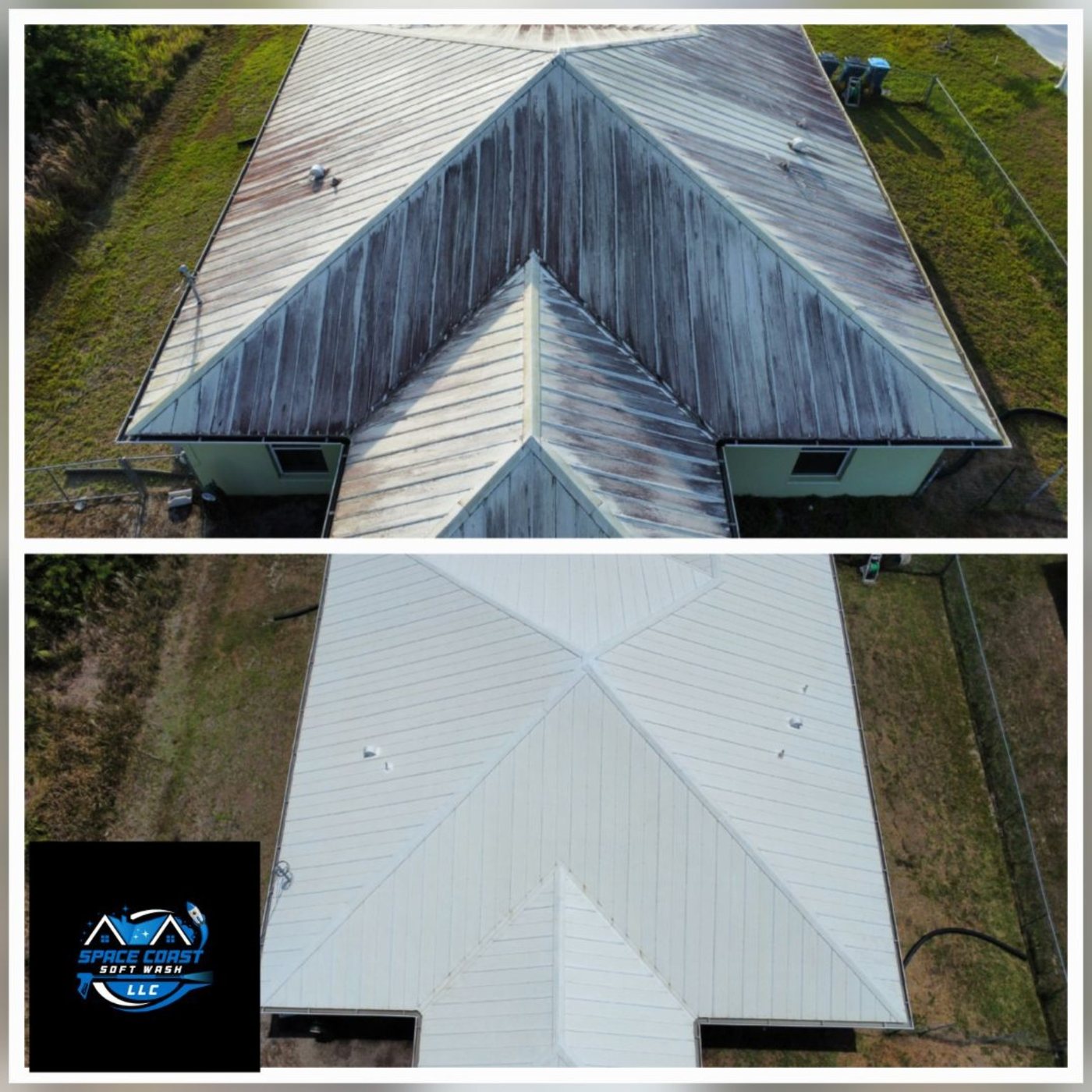 Before and after metal roof cleaning by Space Coast Softwash LLC