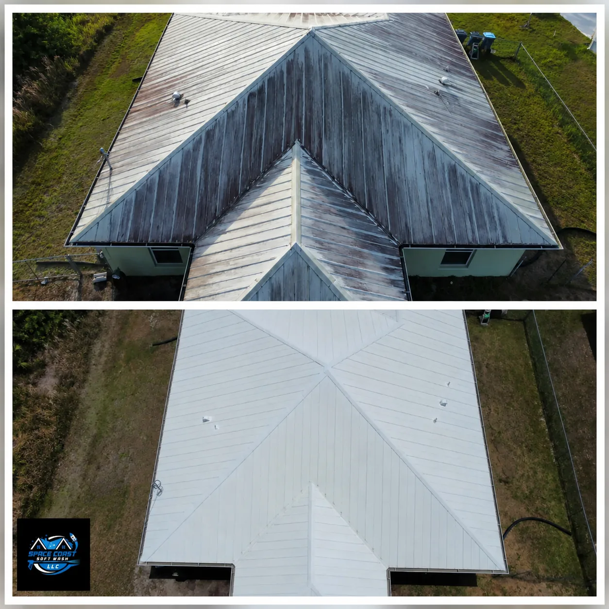 Before and after metal roof cleaning by Space Coast Softwash LLC