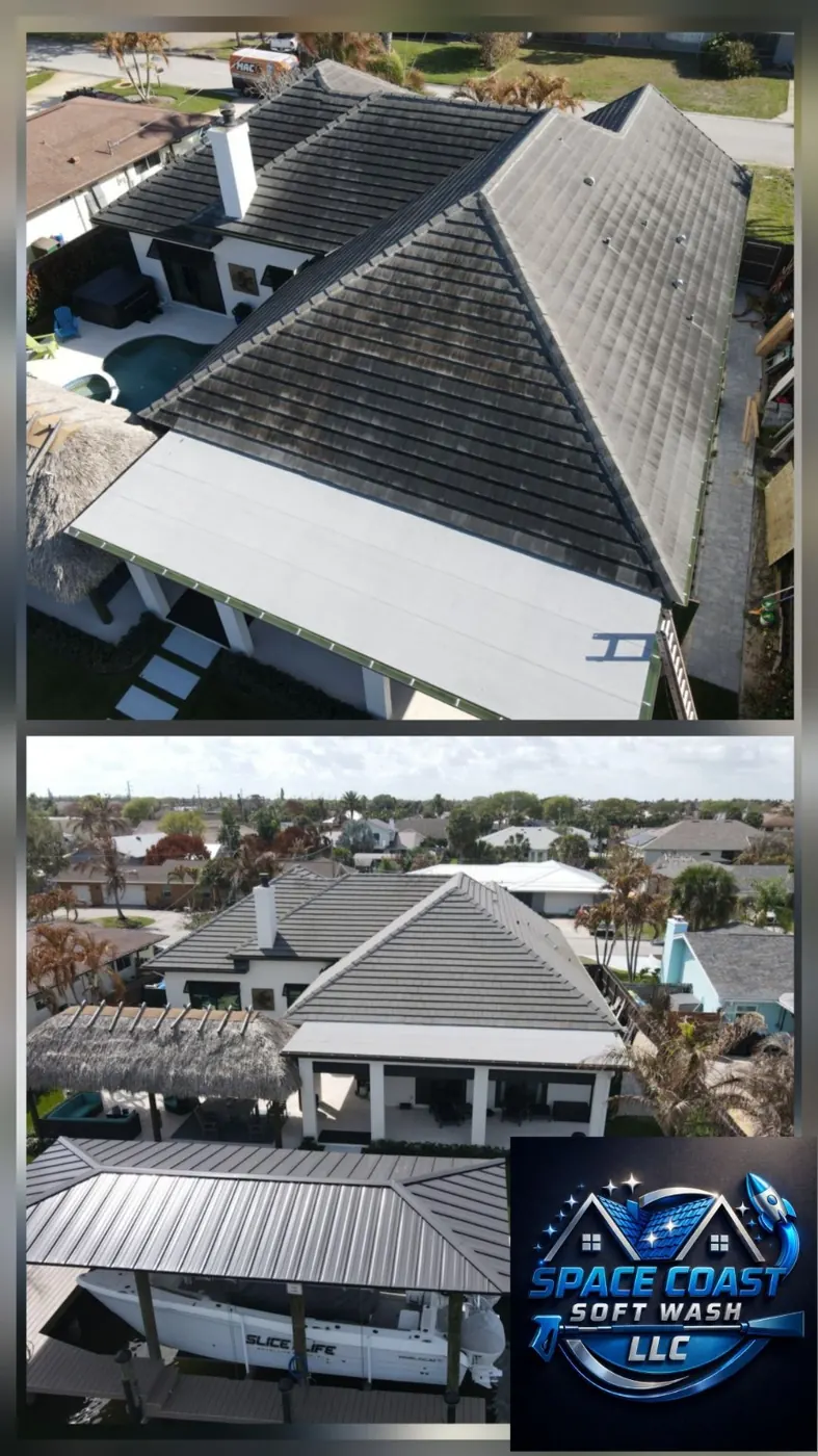 Before and after roof soft washing result