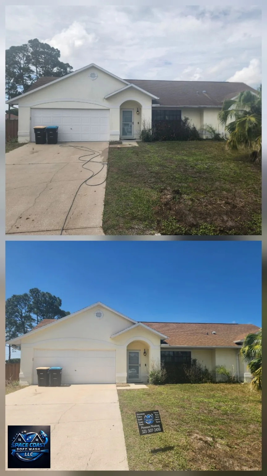 Before and after shingle roof soft washing and exterior home cleaning result.