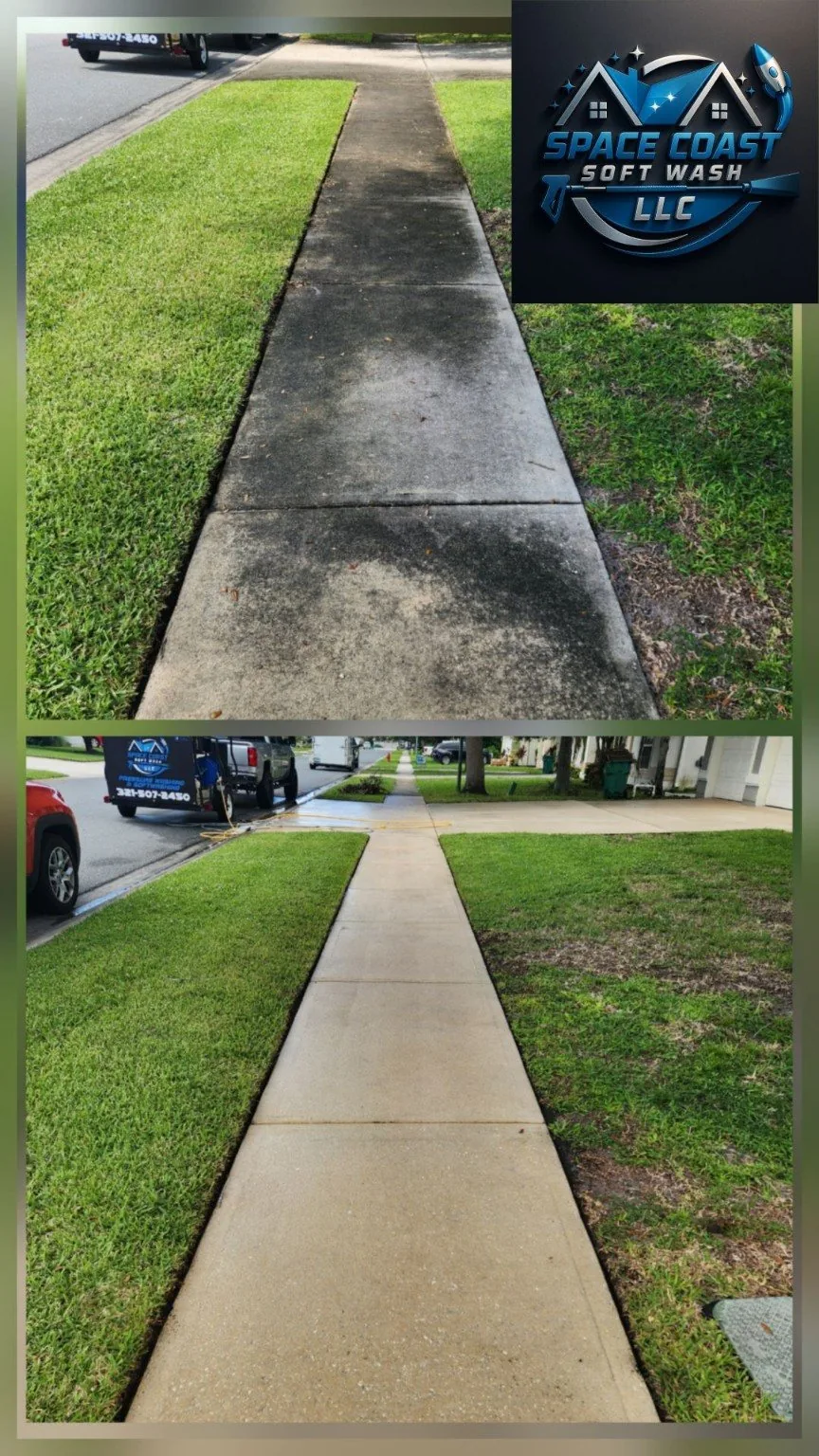 Before and after sidewalk cleaning with dirt and surface buildup reduced.