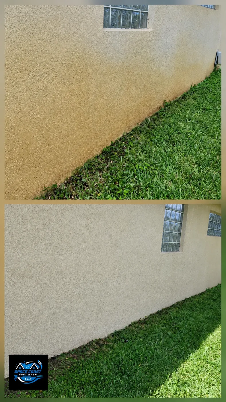 Before and after sprinkler rust and iron stain removal result.