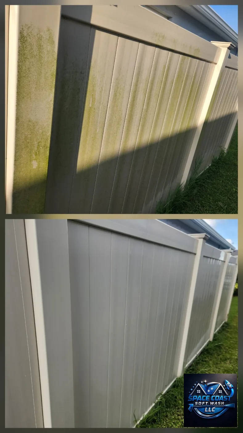 Before and after vinyl fence cleaning